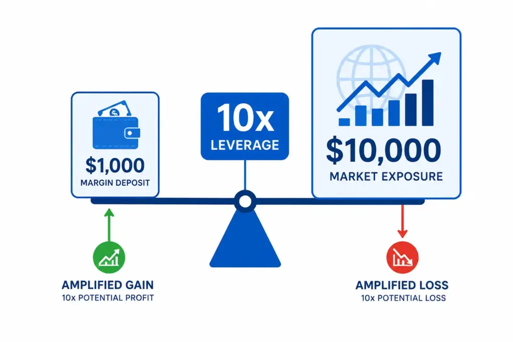 Infographic showing how a margin deposit controls a larger leveraged CFD position
