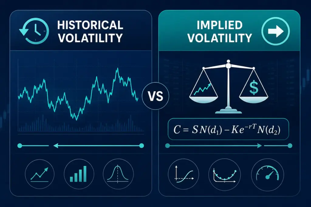 Infographic comparing historical volatility and implied volatility in options pricing