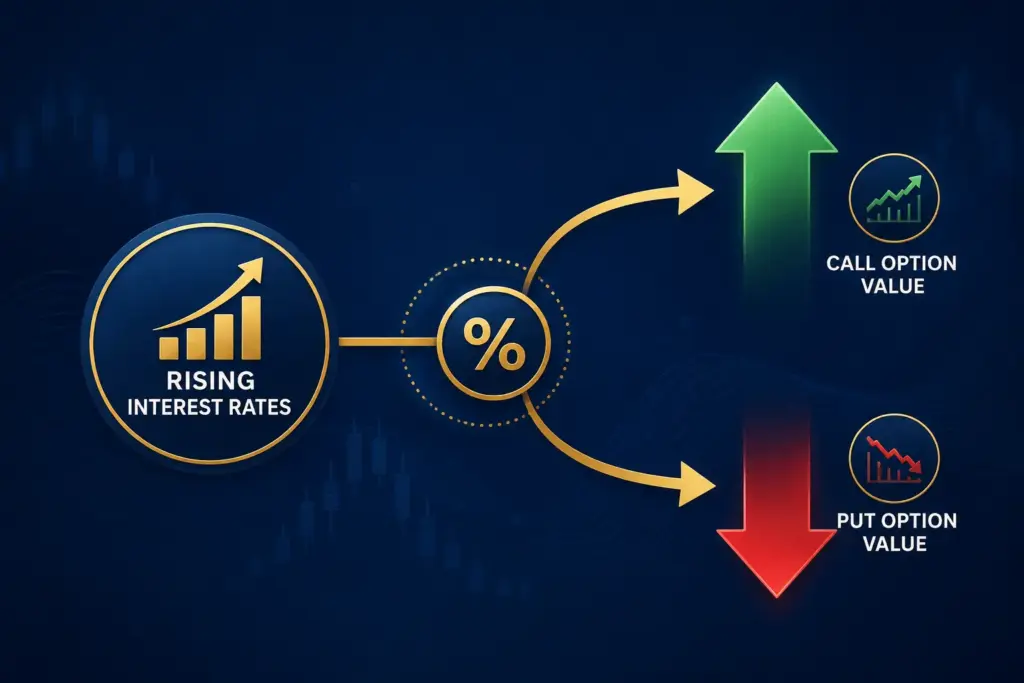 Infographic showing how rising interest rates affect call option value versus put option value through Rho