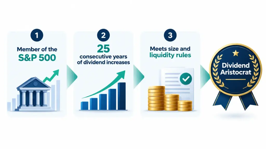 Infographic showing three steps a stock must meet to qualify as a Dividend Aristocrat
