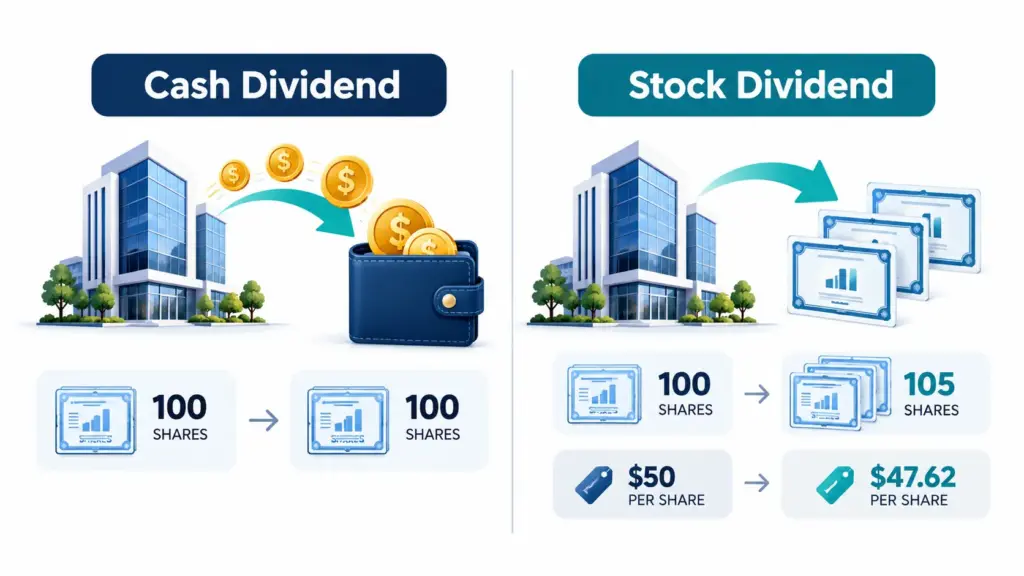 Infographic comparing a cash dividend that pays money to an investor with a stock dividend that adds new shares