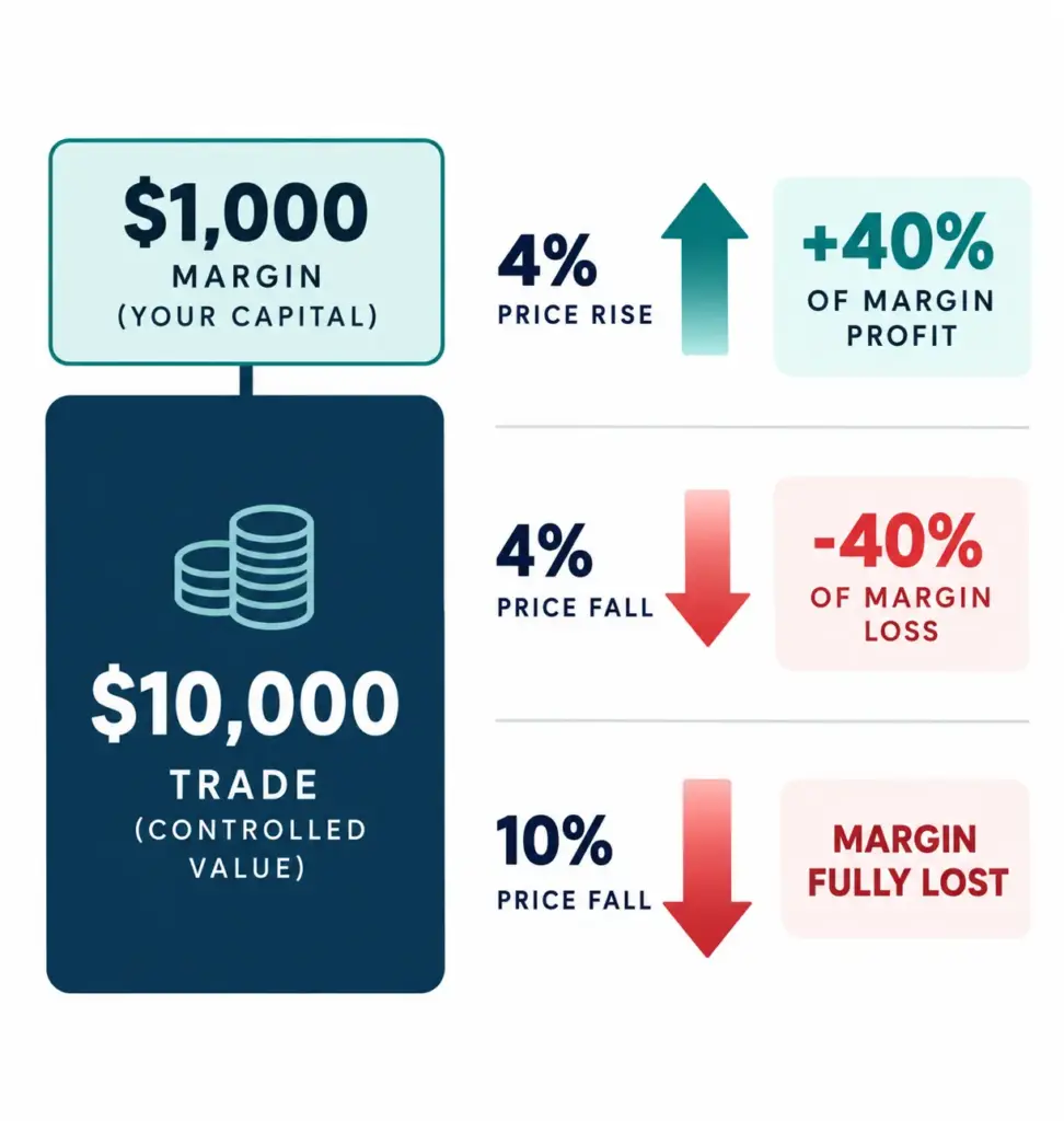Infographic showing how a 4% and 10% price move affects a $1,000 CFD margin deposit