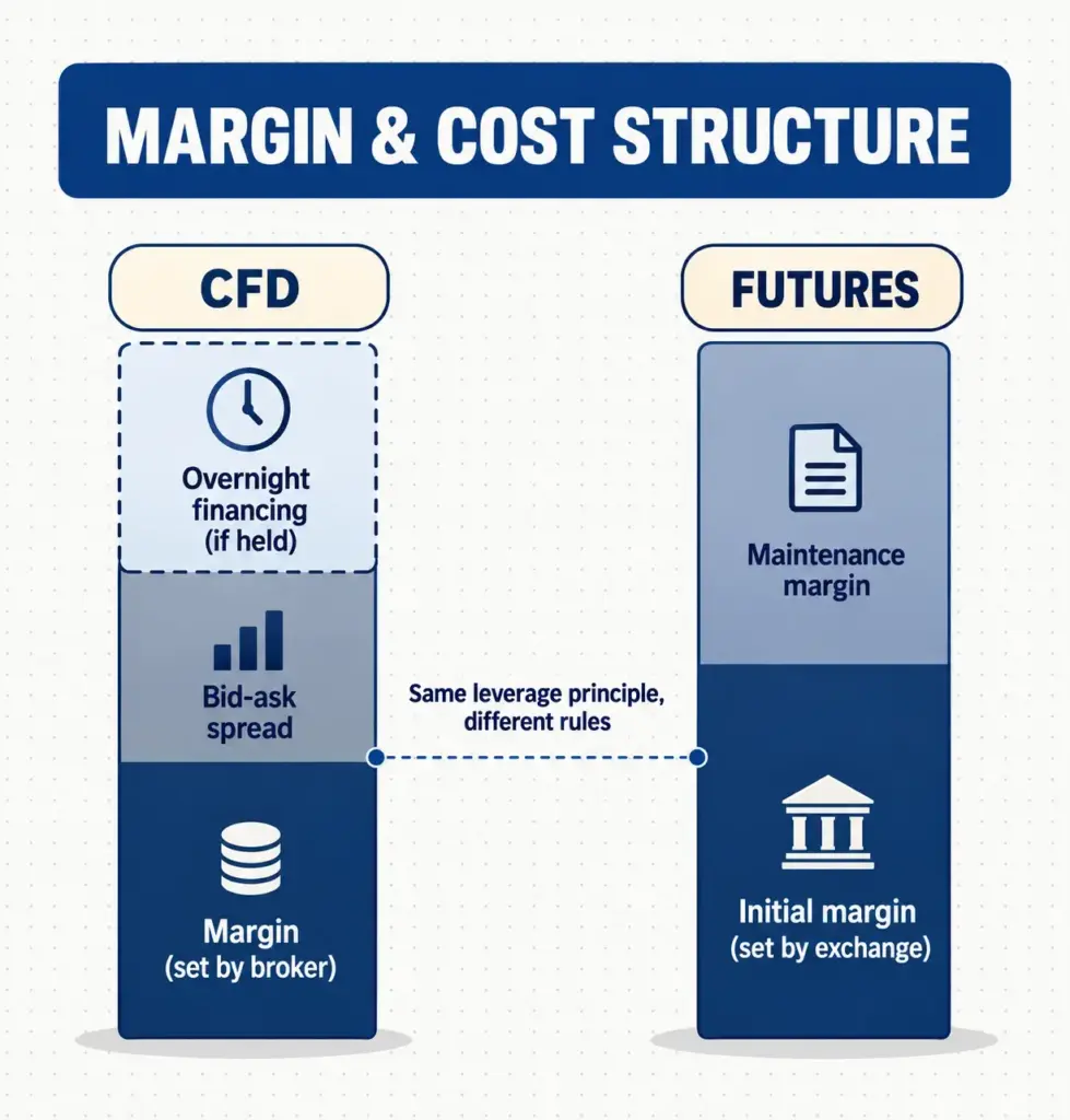 Infographic comparing CFD broker-set margin and financing costs with futures exchange-set initial and maintenance margin