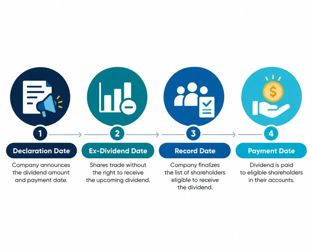 Timeline showing the declaration, ex-dividend, record and payment dates of a dividend